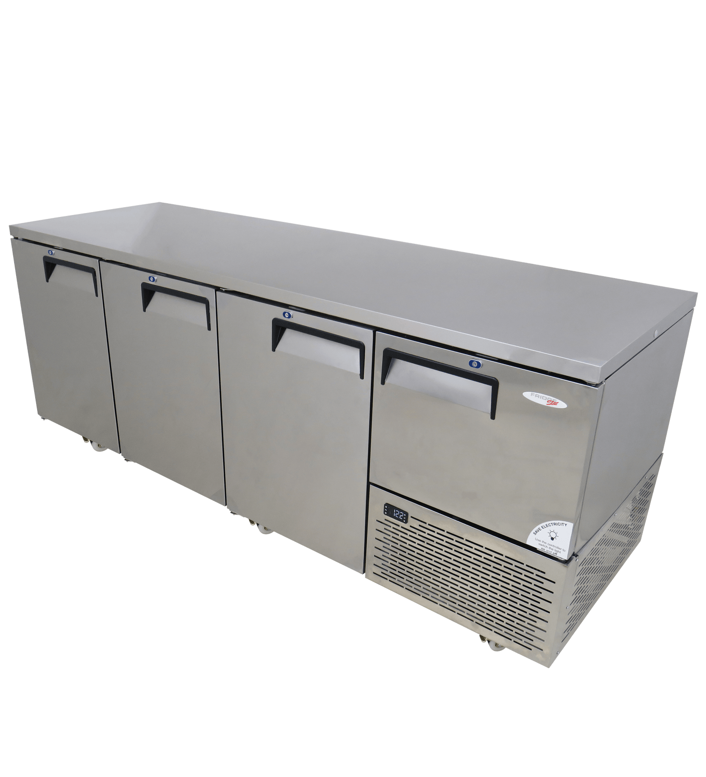 FRIDGE STAR UNDER BAR FRIDGE S/S EXTERIOR 3 AND HALF SWING SOLID DOORS INCL
CASTORS AND EMS - FLAT TOP