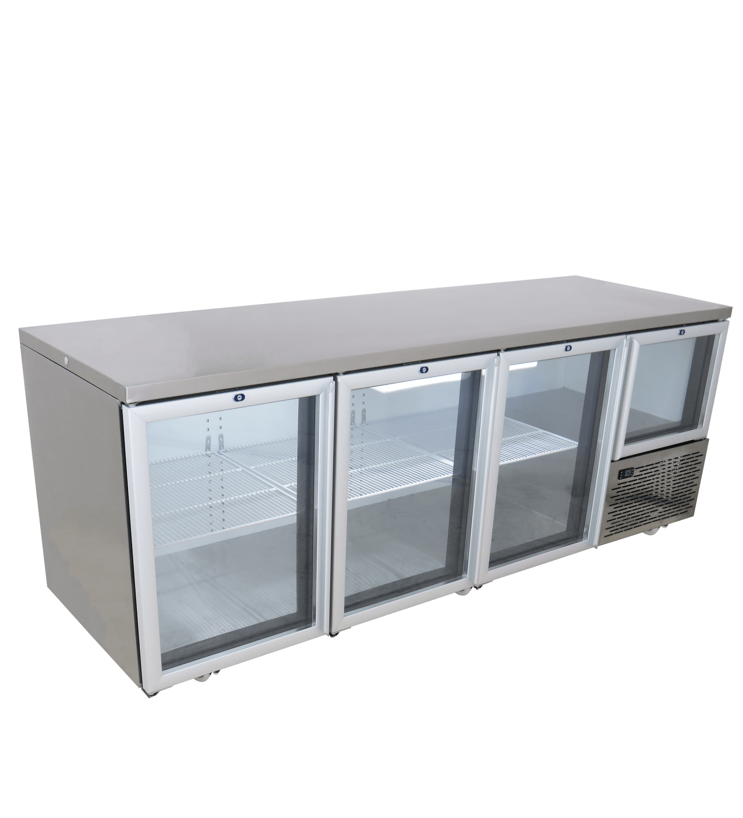 FRIDGE STAR UNDER BAR FRIDGE S/S EXTERIOR 3 AND HALF SWING GLASS DOORS INCL
CASTORS AND EMS - FLAT TOP