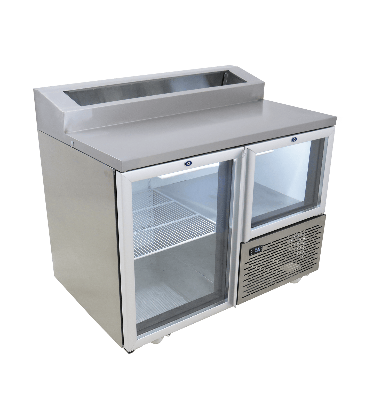 FRIDGE STAR UNDER BAR FRIDGE S/S EXTERIOR 1 AND HALF SWING GLASS DOORS INCL
CASTORS AND EMS - PIZZA TOP