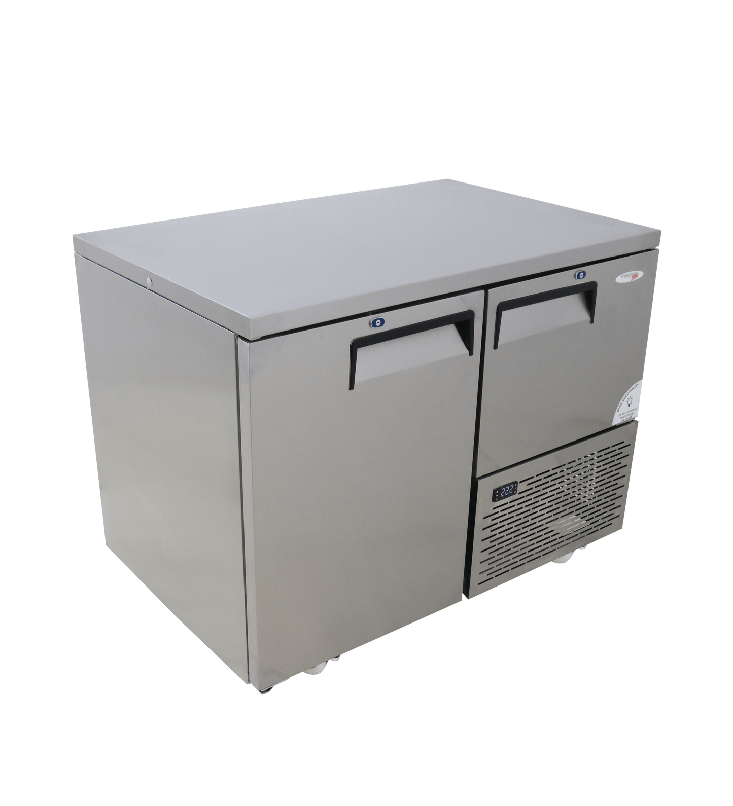 FRIDGE STAR UNDER BAR FRIDGE S/S EXTERIOR 1 AND HALF SWING SOLID DOORS INCL
CASTORS AND EMS - FLAT TOP