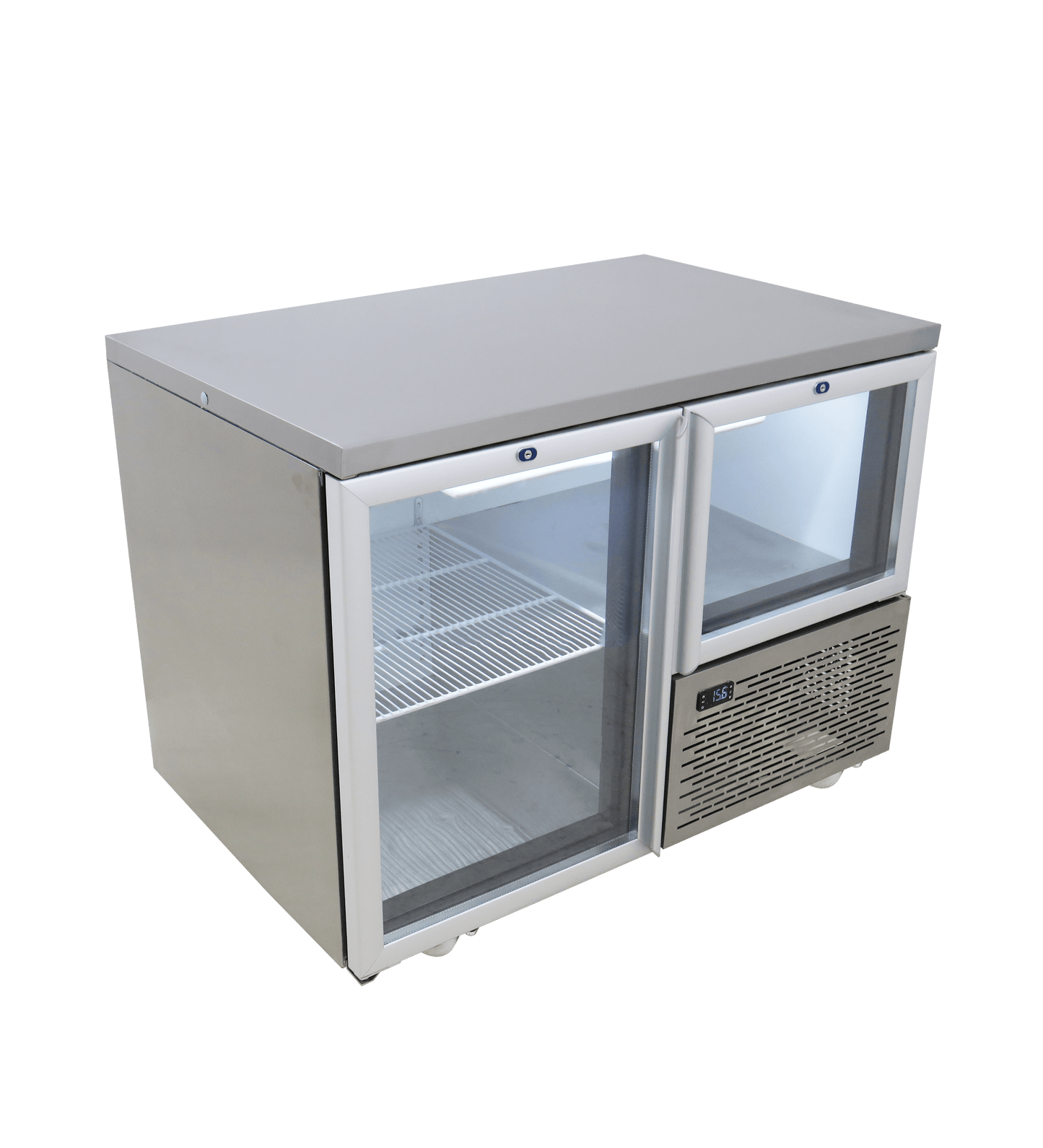 FRIDGE STAR UNDER BAR FRIDGE S/S EXTERIOR 1 AND HALF SWING GLASS DOORS INCL
CASTORS AND EMS - FLAT TOP