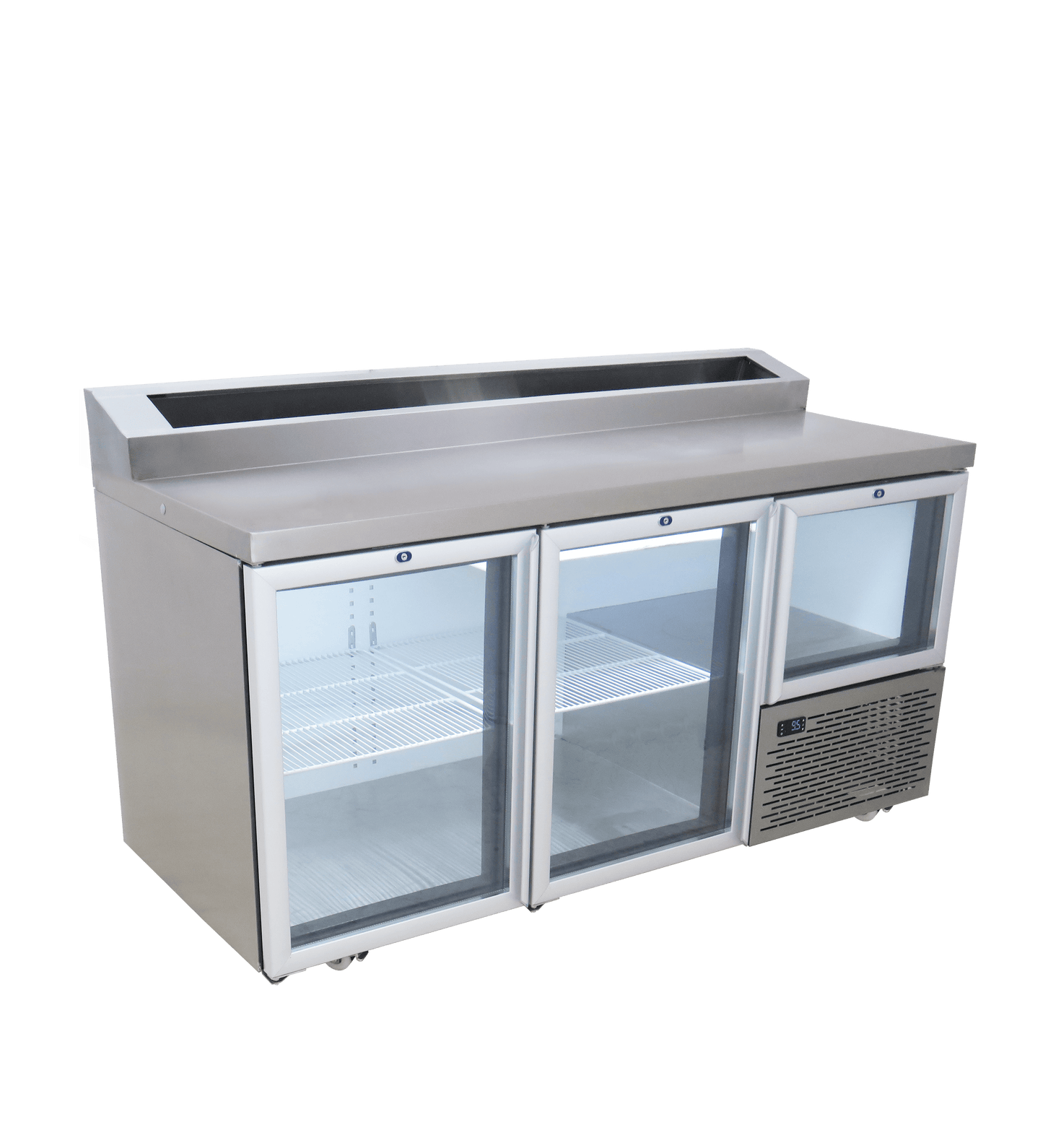 FRIDGE STAR UNDER BAR FRIDGE S/S EXTERIOR 2 AND HALF SWING GLASS DOORS INCL
CASTORS AND EMS - PIZZA TOP