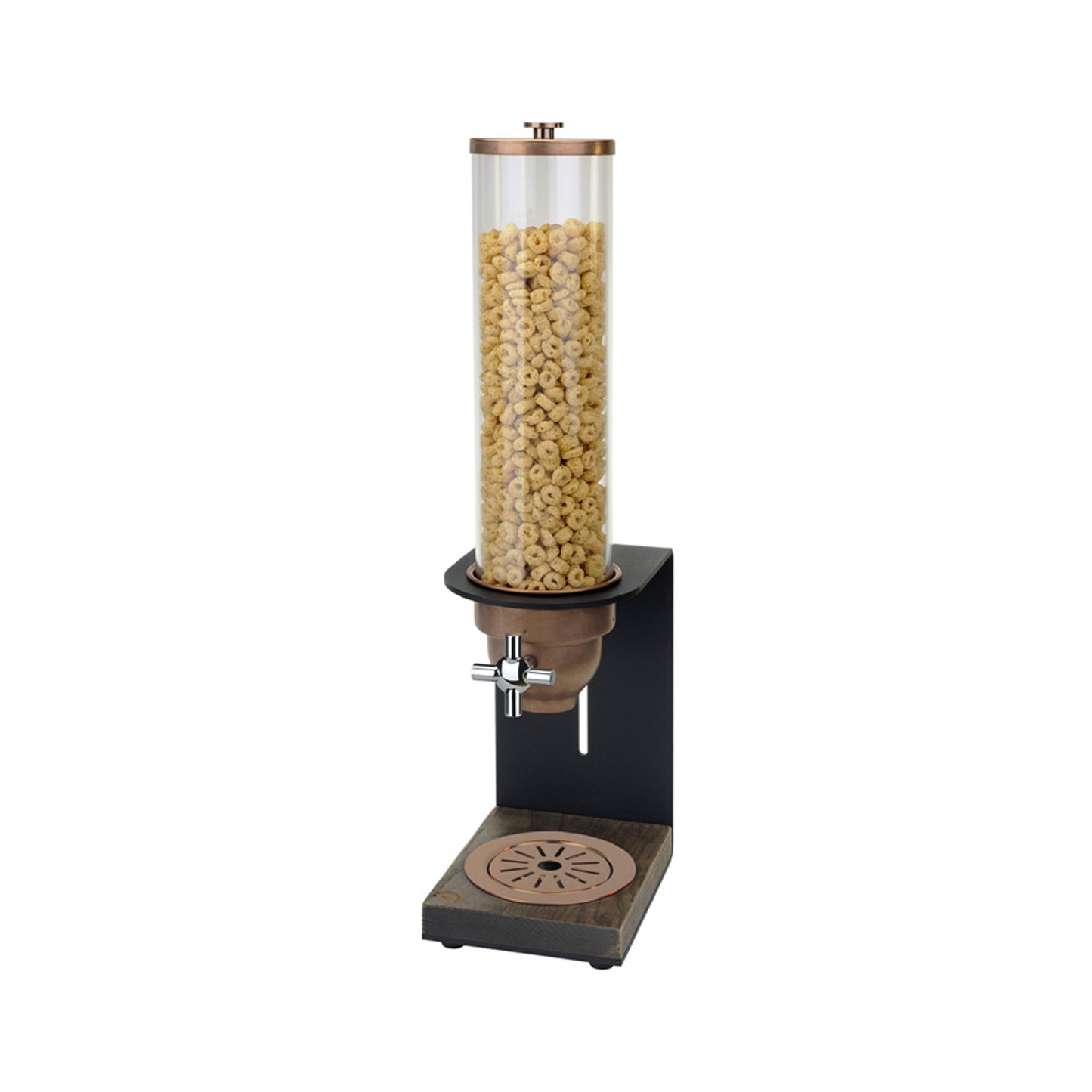 CEREAL DISPENSER SINGLE ASH WOOD BASE – BRONZE