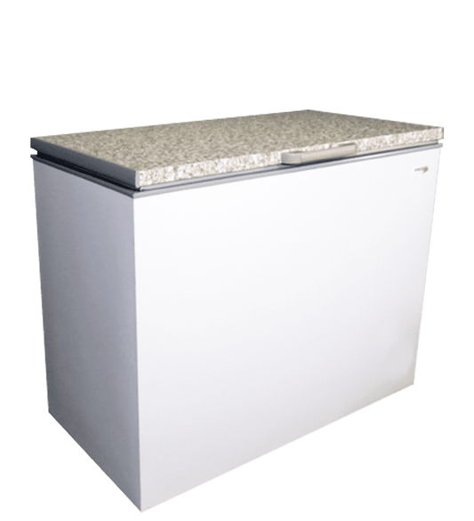 FRIDGE STAR CHEST FREEZER WITH WHITE EXTERIOR AND
GRANITE TOP FLAP HINGE BACK STEP 12V ANOUDAN