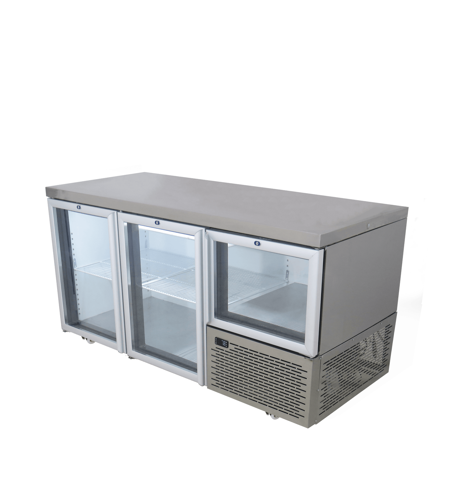 FRIDGE STAR UNDER BAR FRIDGE S/S EXTERIOR 2 AND HALF SWING GLASS DOORS  INCL
CASTORS AND EMS - FLAT TOP