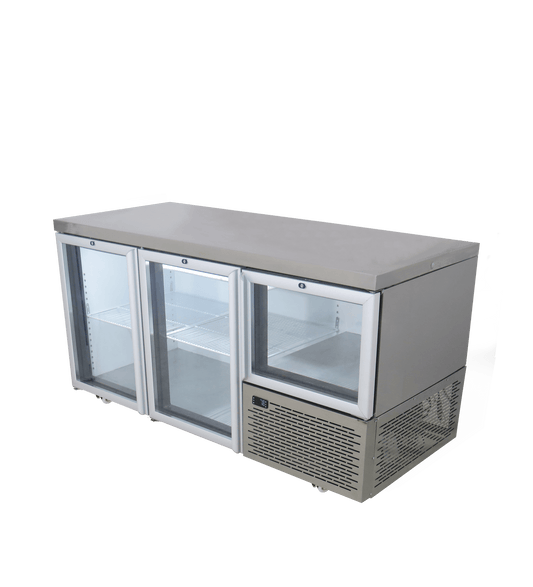 FRIDGE STAR UNDER BAR FRIDGE S/S EXTERIOR 2 AND HALF SWING GLASS DOORS  INCL
CASTORS AND EMS - FLAT TOP