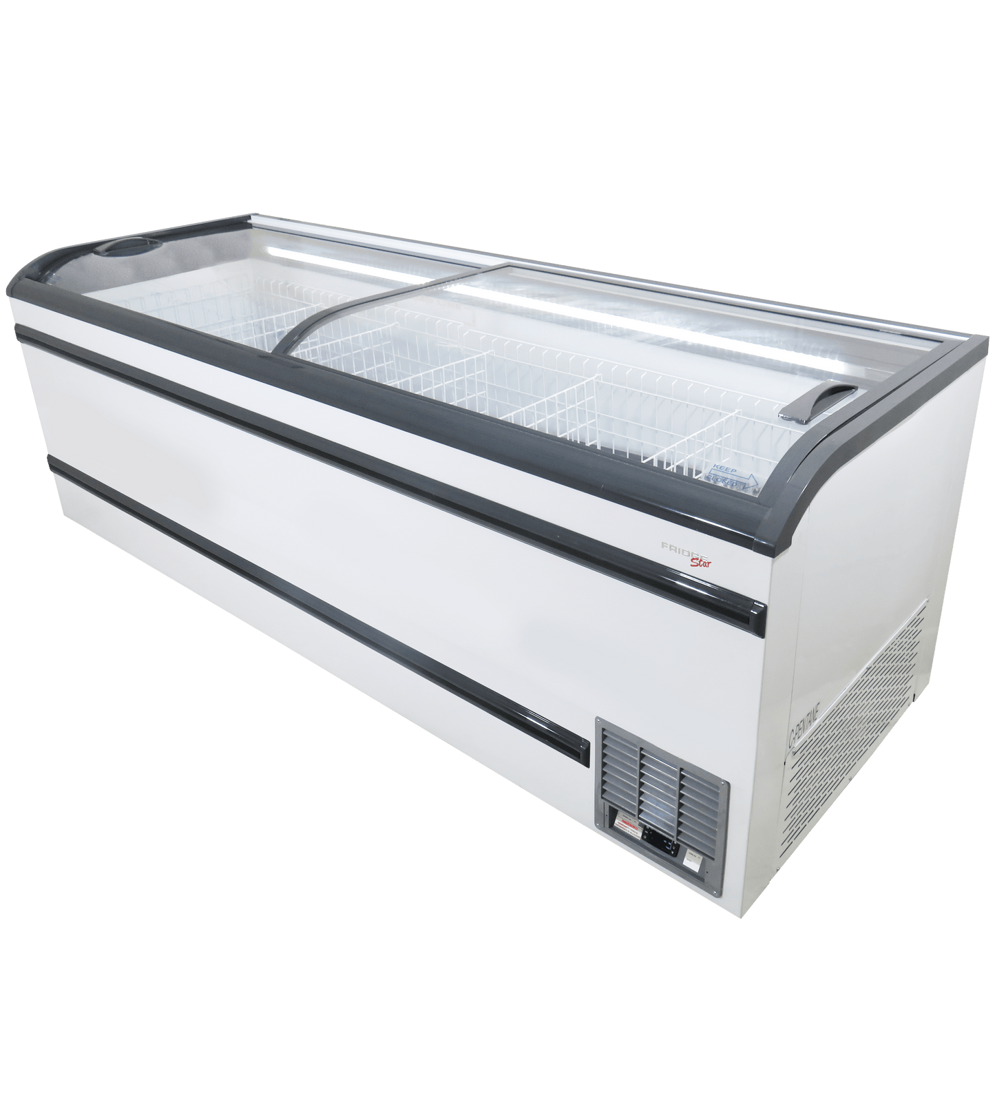 FRIDGE STAR ISLAND MERCHANDISER 2 CURVED GLASS LIDS INCLUNDING RACKING (1113 LT)