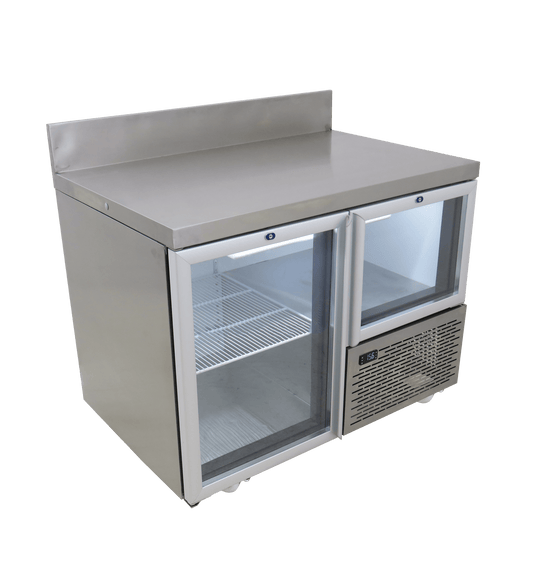 FRIDGE STAR UNDER BAR FRIDGE S/S EXTERIOR 1 AND HALF SWING GLASS DOORS INCL
CASTORS AND EMS - SPLASH BACK