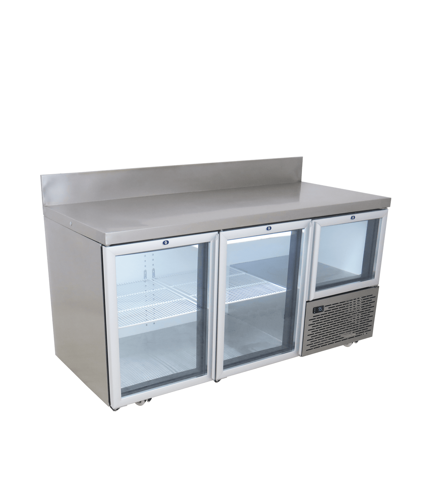 FRIDGE STAR UNDER BAR FRIDGE S/S EXTERIOR 2 AND HALF SWING GLASS DOORS INCL
CASTORS AND EMS - SPLASH BACK