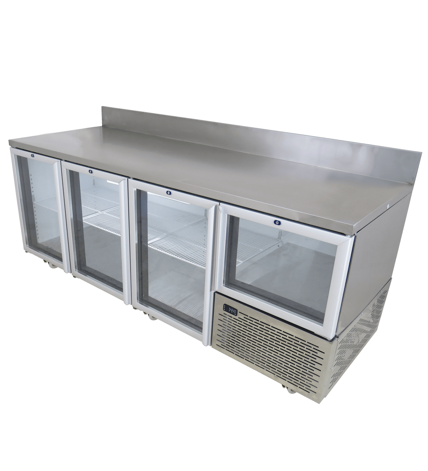 FRIDGE STAR UNDER BAR FRIDGE S/S EXTERIOR 3 AND HALF SWING GLASS DOORS INCL
CASTORS AND EMS - SPLASH BACK